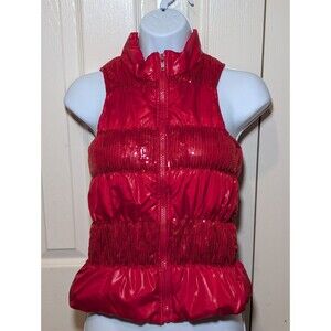 Girls Faded Glory Red Shiny Puffer Vest Sequins Sz 7/8 Medium Full Zip Metallic